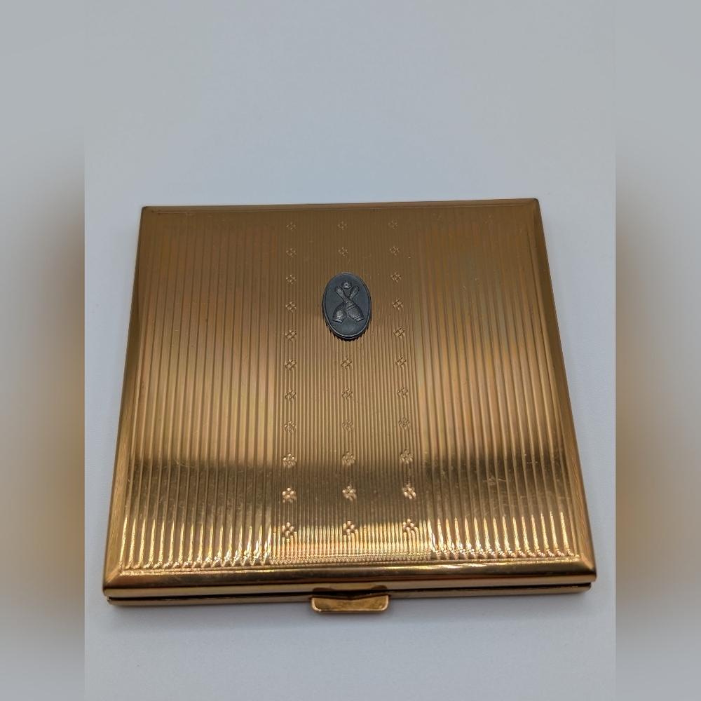 Rare Swiss AGME Bowling Compact – 1950s – Gold-Tone, Puff & Sifter
